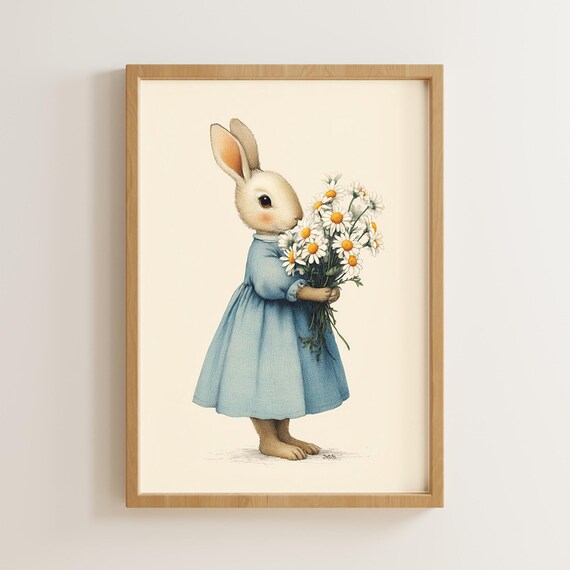 Sweet Bunny in Blue Dress Holding Daisies Baby Nursery Wall Art