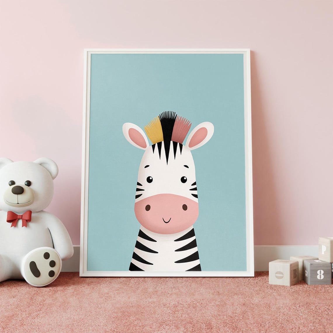 Cute Zebra Baby Nursery Wall Art Blue Playful Kids Room Decor