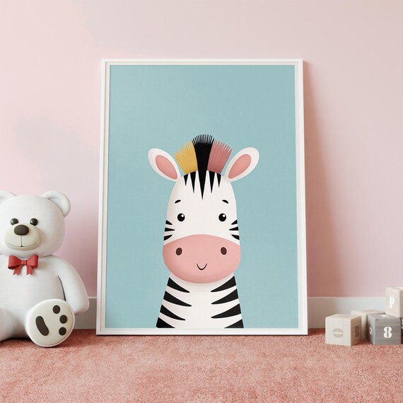 Cute Zebra Baby Nursery Wall Art Blue Playful Kids Room Decor