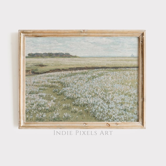 Coastal Wildflower Meadow Thatched Cottages Sailboat Vintage Art Poster