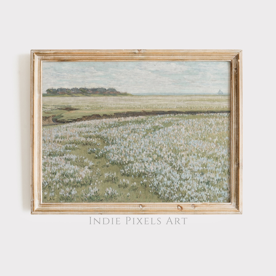 Coastal Wildflower Meadow Thatched Cottages Sailboat Vintage Art Poster