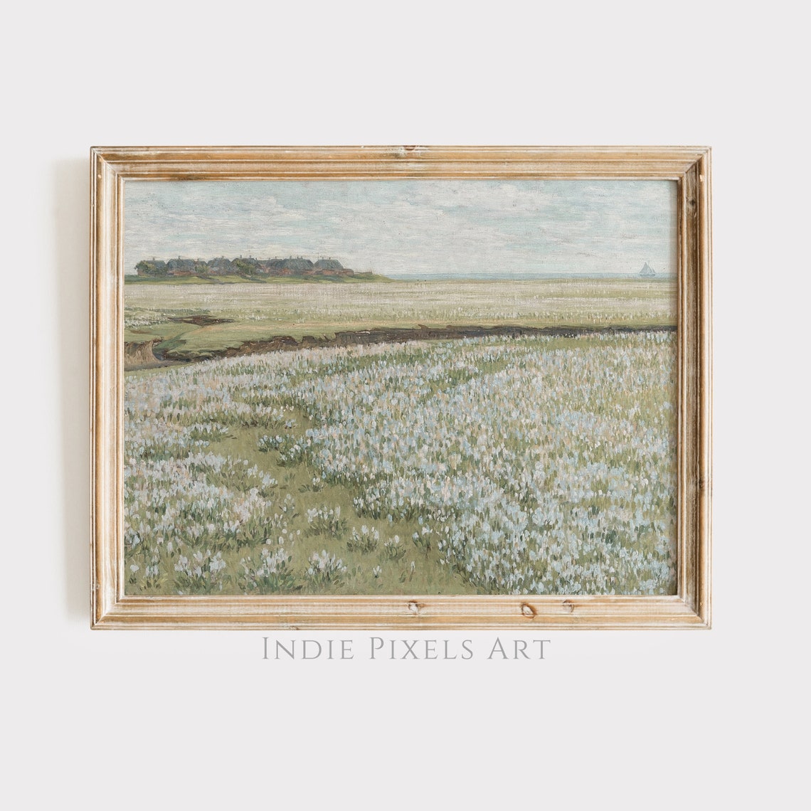 Vintage Landscape Print Warm Spring Meadow Oil Painting Wildflower Field Landscape Print Country Farmhouse Art Sage Green Art