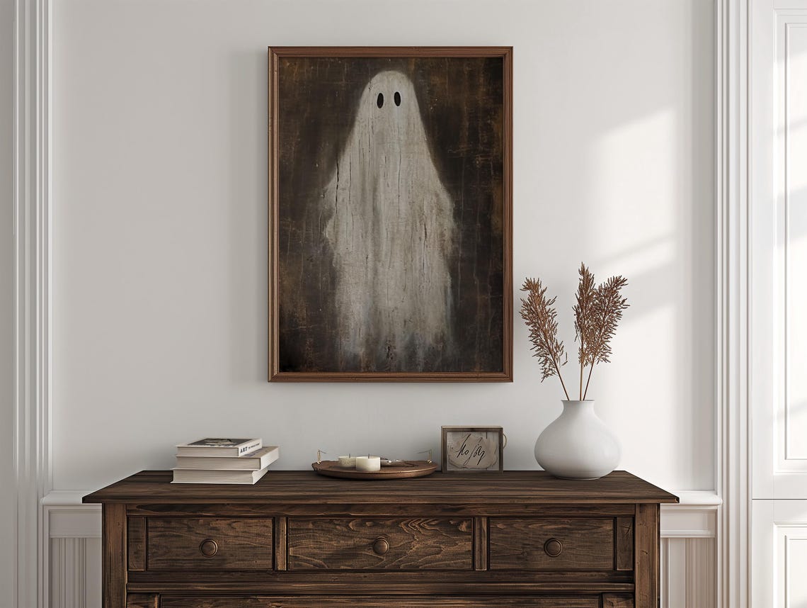 Halloween Art Cute Ghost Painting Halloween Decor Primitive Ghost Painting Art Print Halloween Wall Art Print Cute Ghost - Image 3