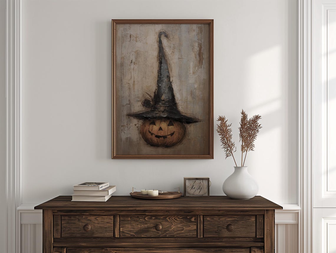 Jack O Lantern Witch Hat Cute Halloween Pumpkin Folk Art Poster - Image 3