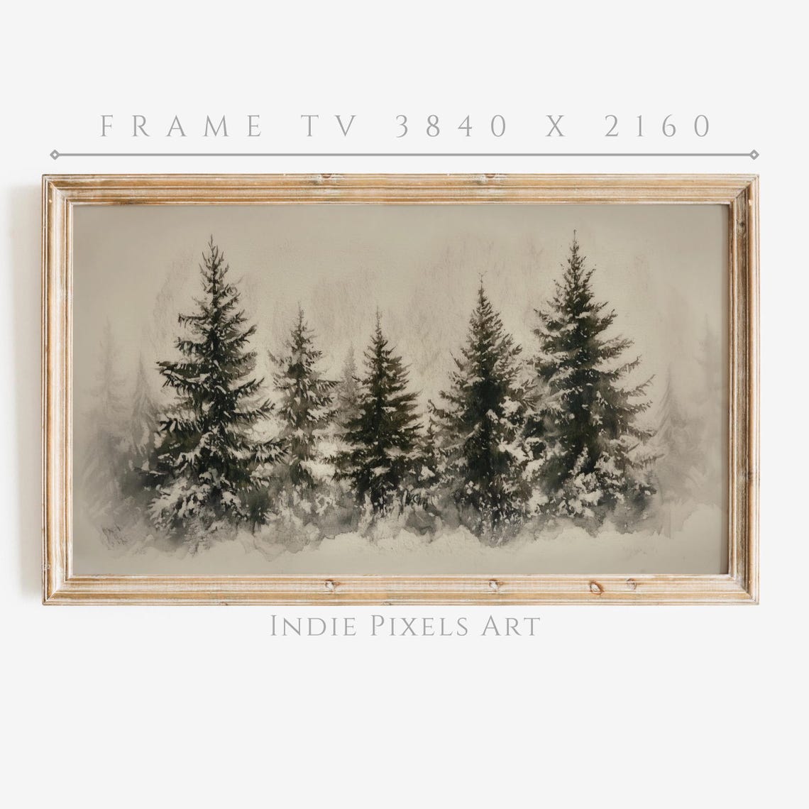 Snowy Pine Tree Line Winter Forest Watercolor Frame TV Art Print - Image 2