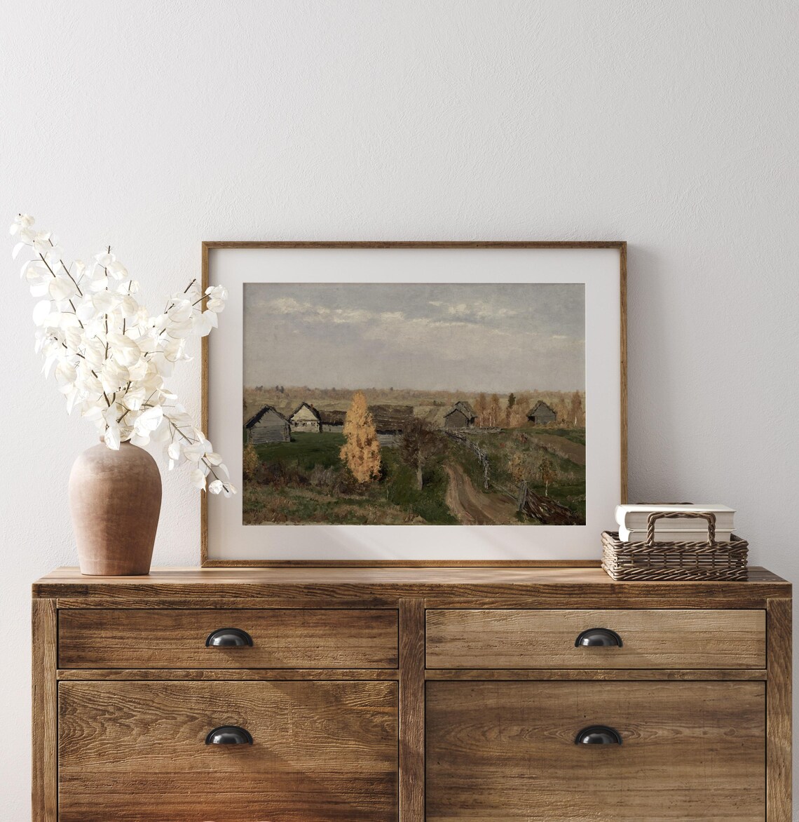 Vintage Autumn Village Countryside Cottages Golden Tree Painting Print - Image 4