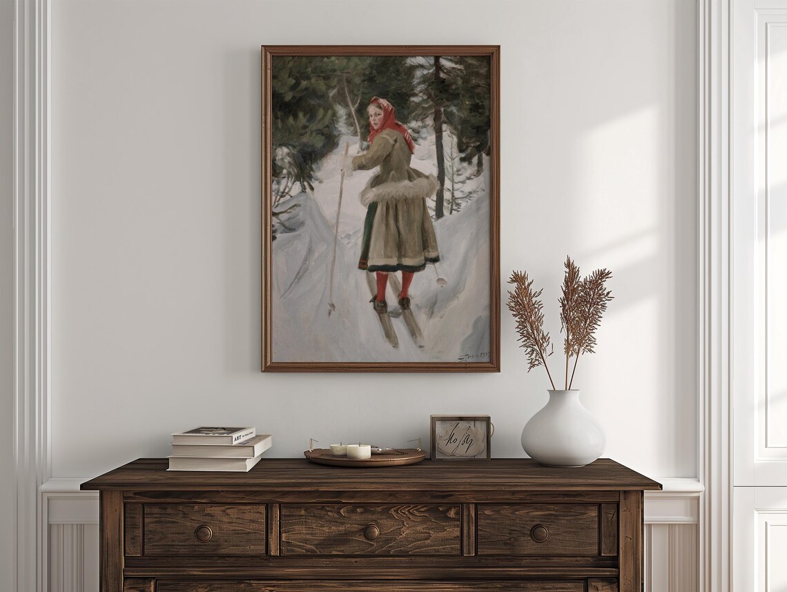 Vintage Girl Cross Country Skiing Through Snowy Winter Woods Art Print - Image 2