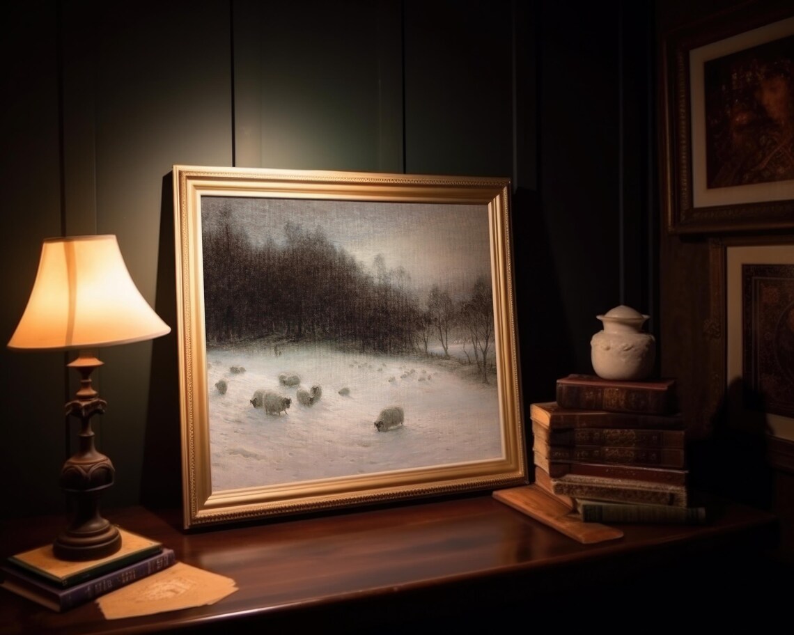 Moody Winter Sheep Snowy Field Dusk Vintage Oil Painting Farm Art Print - Image 3