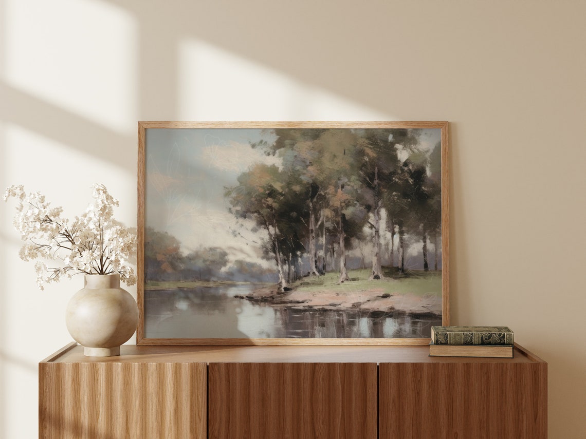 Muted Riverside Trees Vintage Landscape Beige Tonalism Wall Poster - Image 4