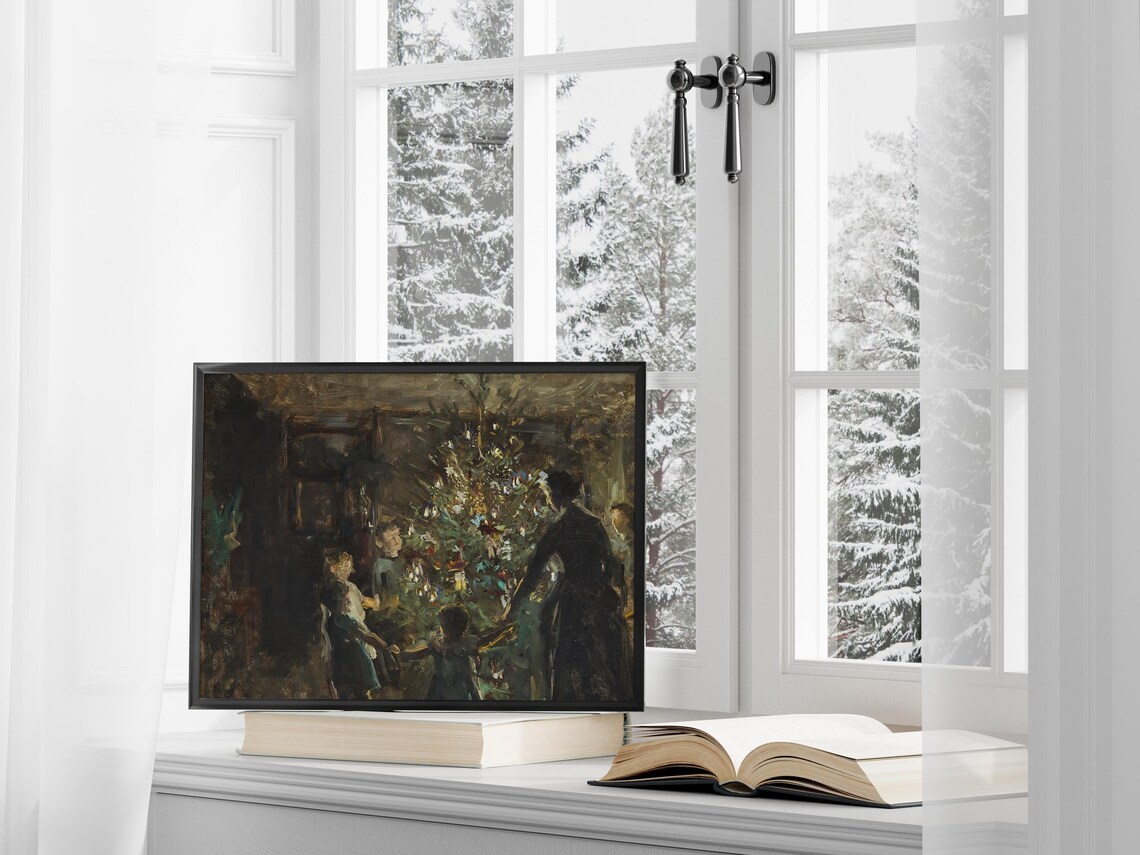 Christmas Wall Art Vintage Christmas Tree Oil Painting Holiday Art Cozy Cottage Christmas Moody Modern Farmhouse Decor - Image 3