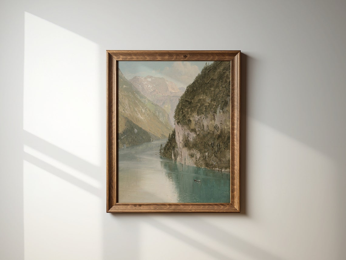 Alpine Mountain Lake Between Steep Cliffs Vintage Landscape Print - Image 3