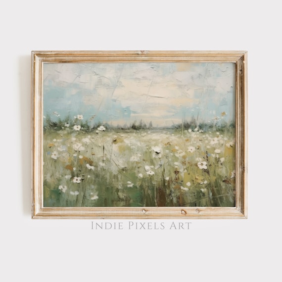 Spring Meadow White Wildflowers Textured Field Painting Wall Art