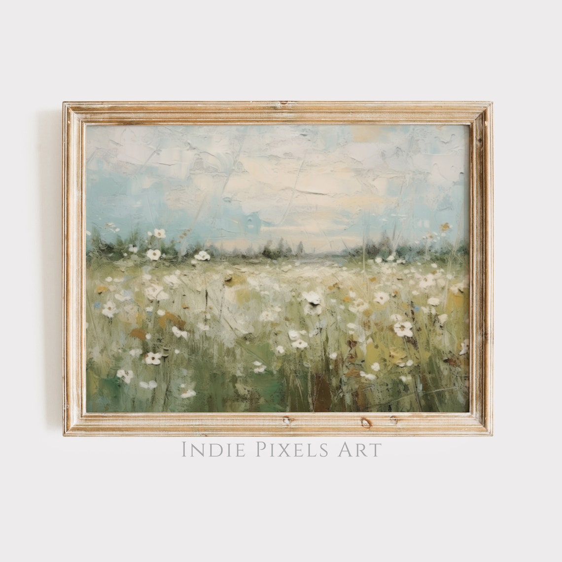 Spring Meadow White Wildflowers Textured Field Painting Wall Art