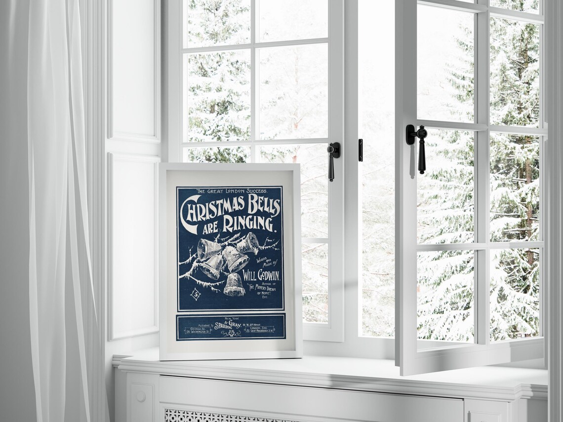 Vintage Christmas Bells Are Ringing Sheet Music Cover Blue Retro Print - Image 2