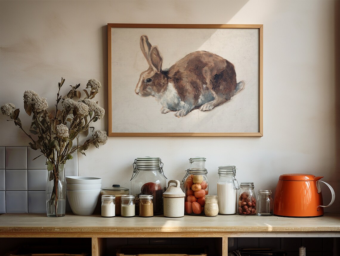 Brown Rabbit Vintage Oil Study Neutral Cottagecore Nursery Wall Art Poster - Image 3