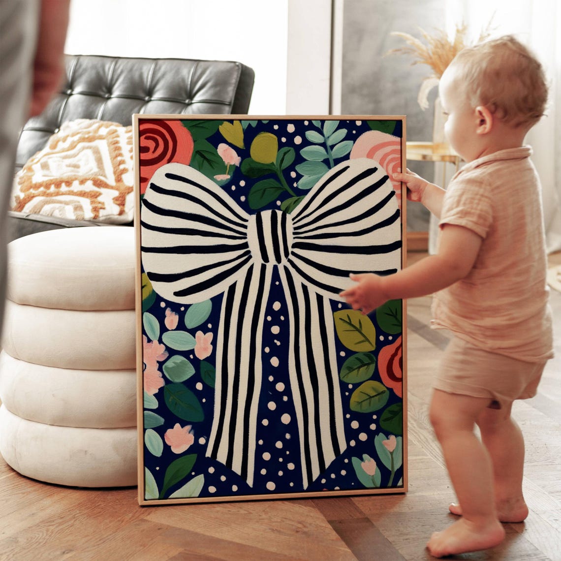 Black and White Striped Bow on Navy Floral Coquette Room Decor Poster - Image 4
