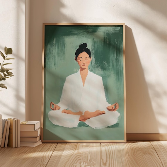 Woman Meditating in White Robe Green Background Yoga Zen Mindfulness Poster