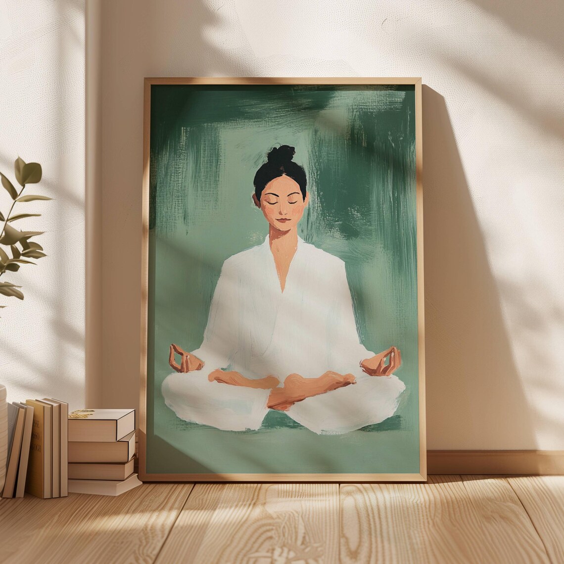 Woman Meditating in White Robe Green Background Yoga Zen Mindfulness Poster