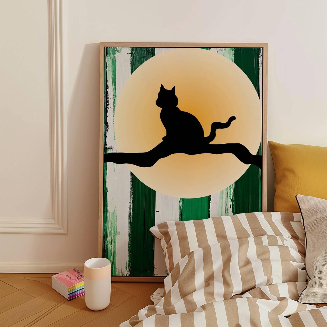 Black Cat Silhouette On Branch Before Full Moon Modern Green Stripe Poster - Image 3