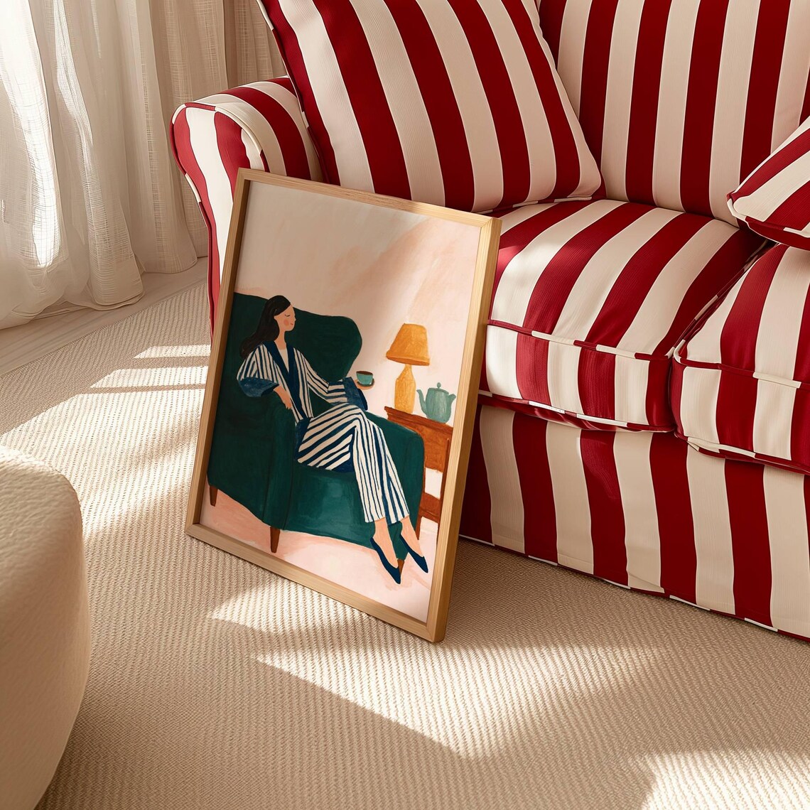 Woman Relaxing in Striped Pajamas Green Armchair Coffee Art Poster - Image 4