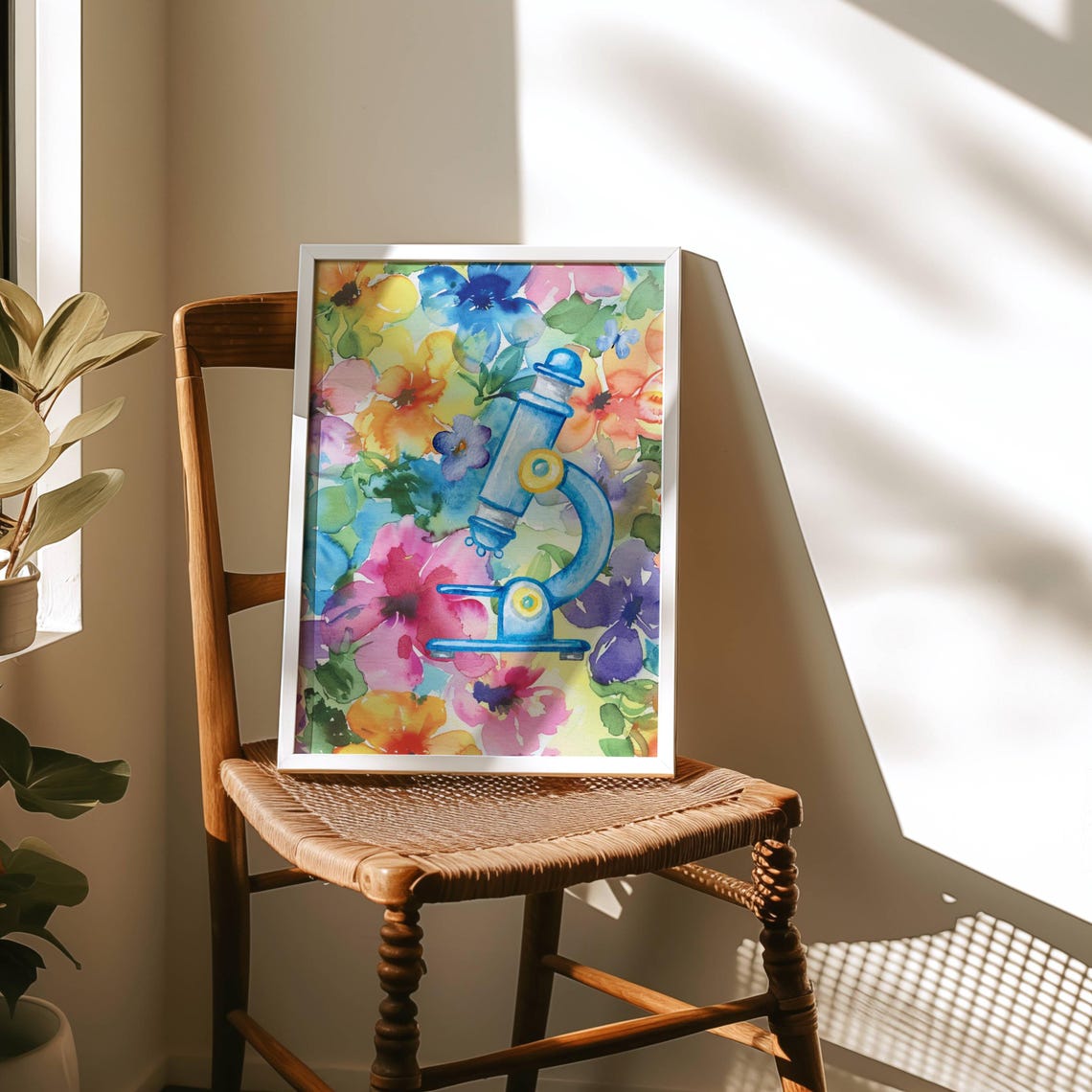 Blue Microscope Colorful Floral Watercolor Science Art Poster - Image 4