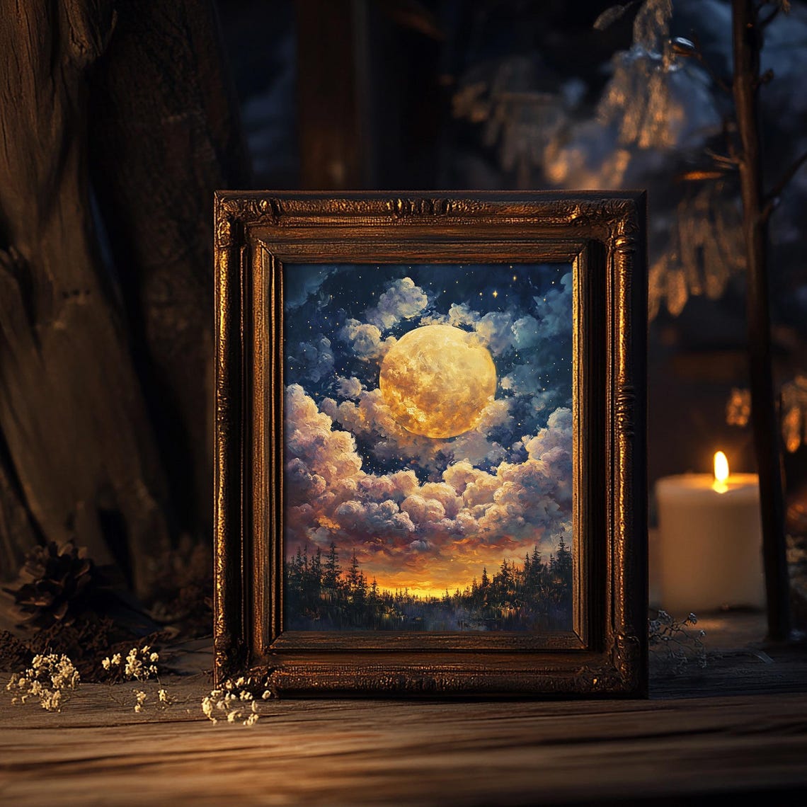 Misty Golden Full Moon Among Clouds Starry Night Forest Art Print - Image 7