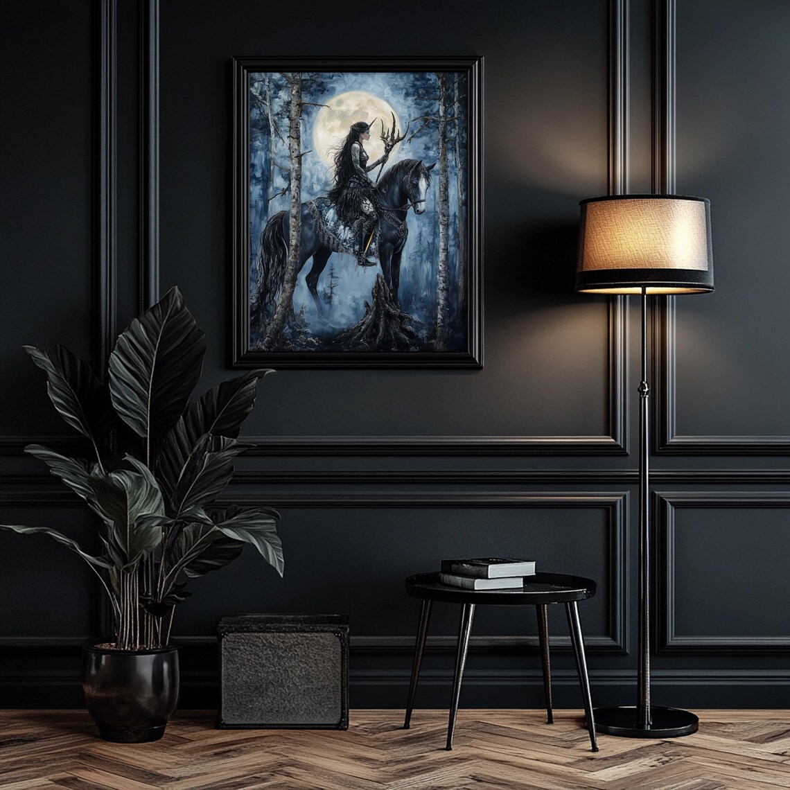 Unicorn Girl On Black Horse Moonlit Enchanted Forest Night Print - Image 6