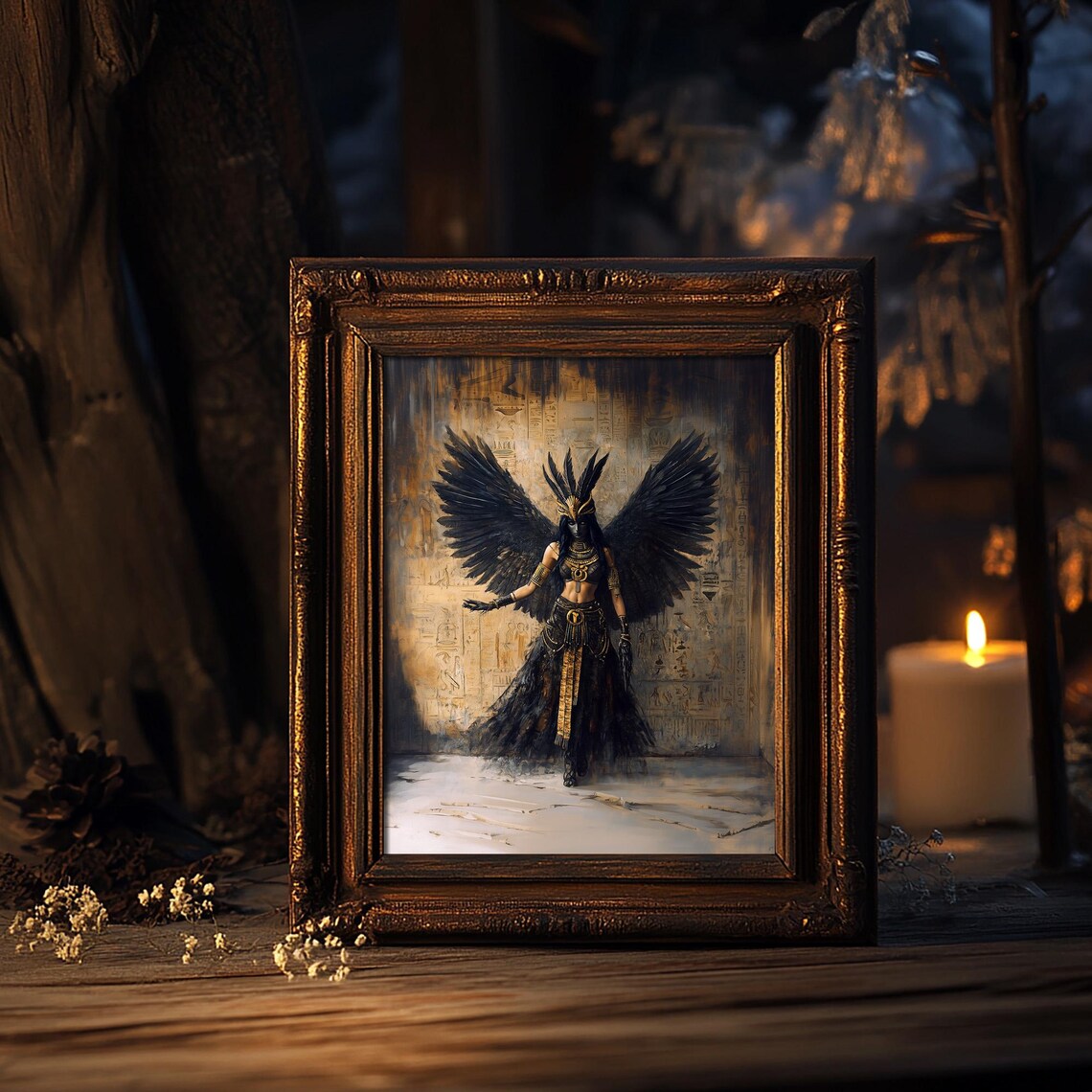 Maat Egyptian Goddess Black Winged Gold Ancient Oil Art Print - Image 4