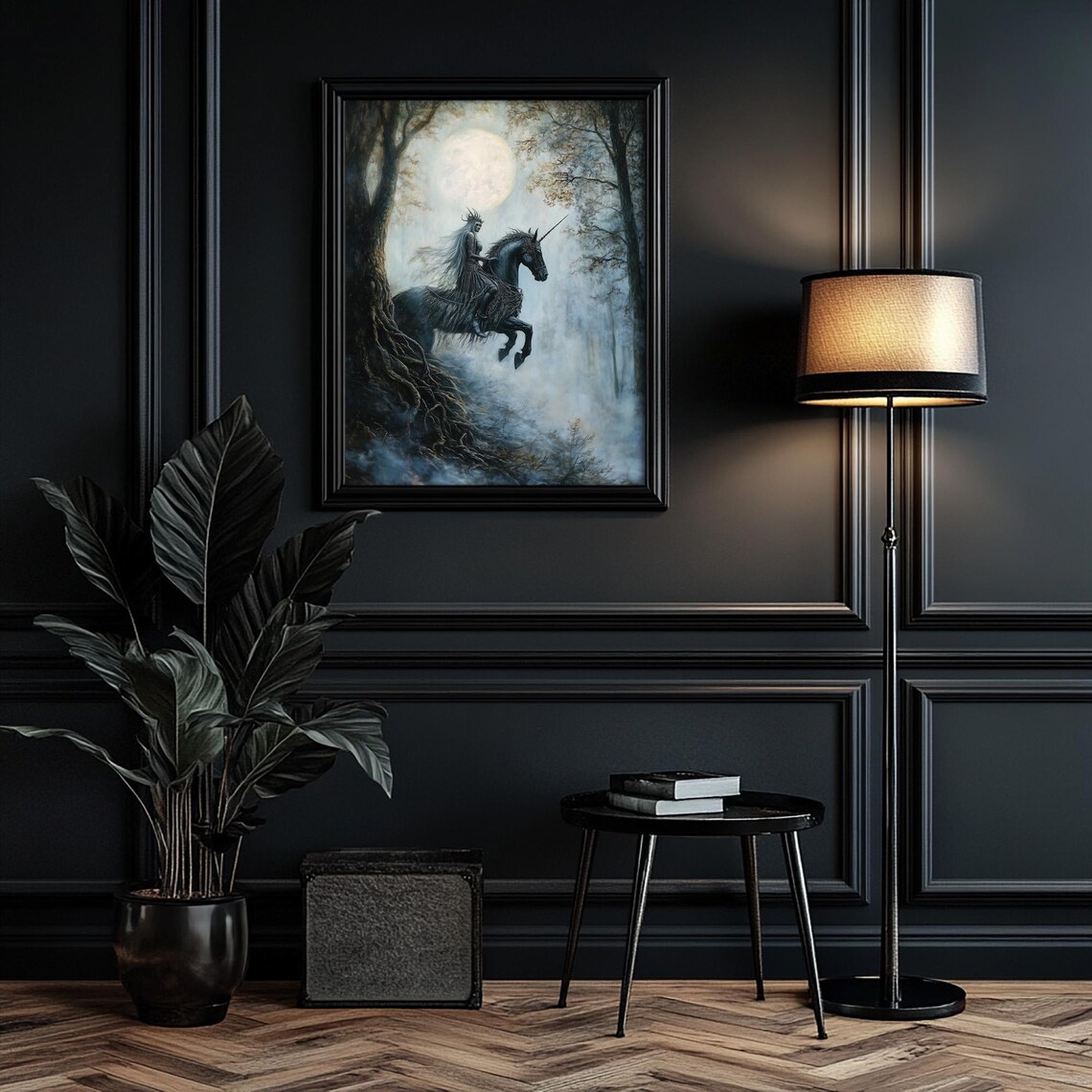 Forest Guardian Woman Riding Black Unicorn Moonlit Misty Night Print - Image 3