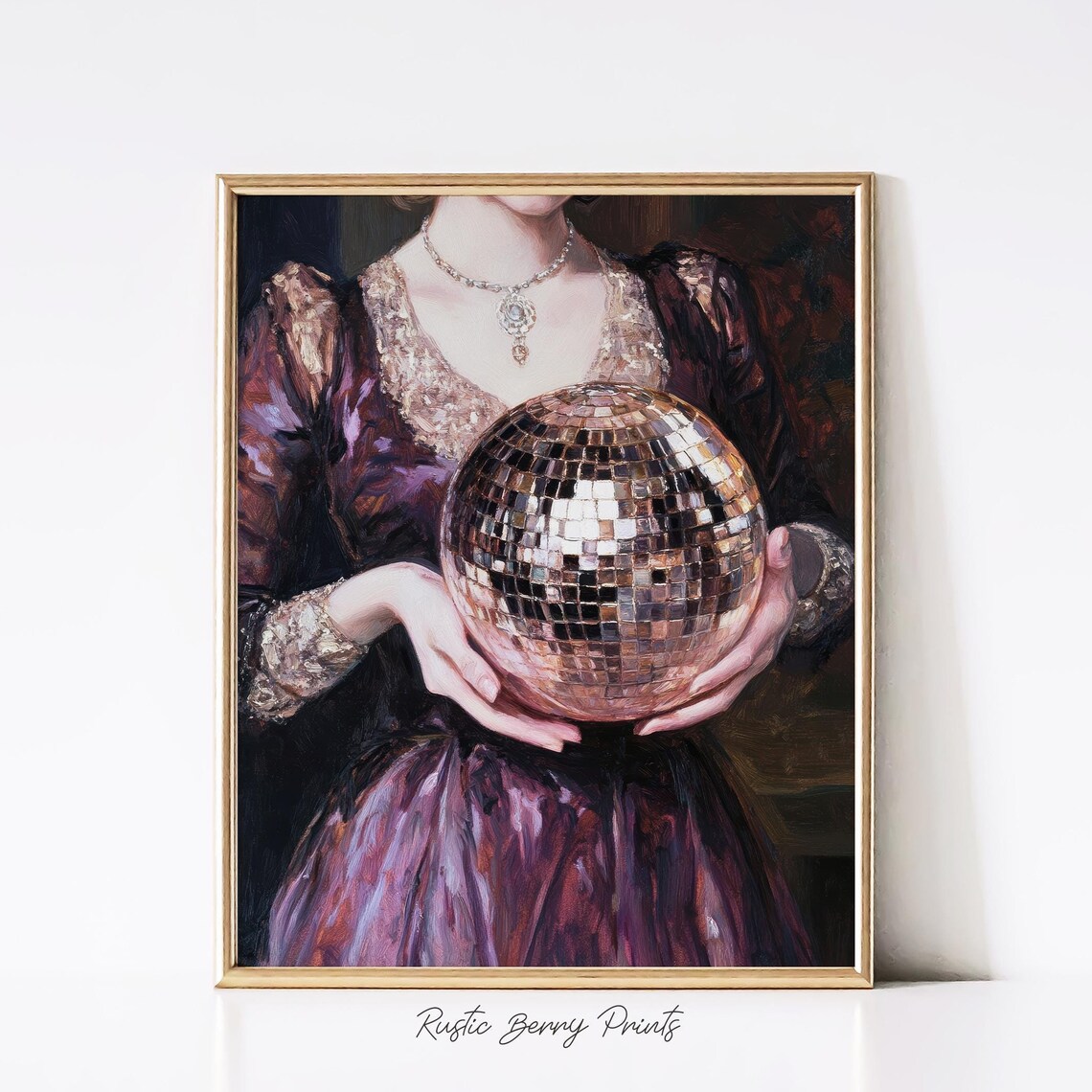 Burgundy Velvet Gown Lady Holding Glittering Disco Ball Painting Print