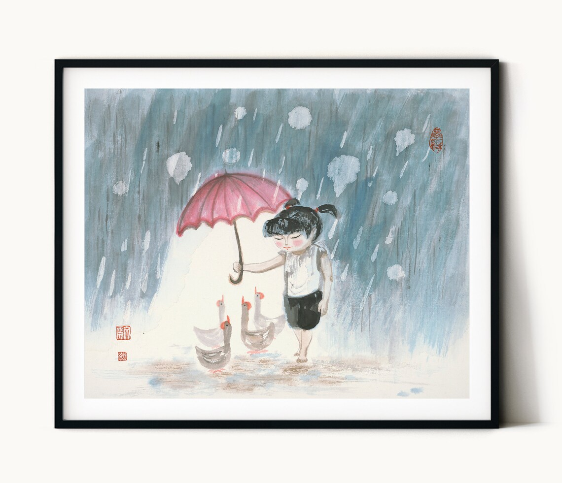 Girl and Geese Chinese Painting Wall Art Print - Image 3