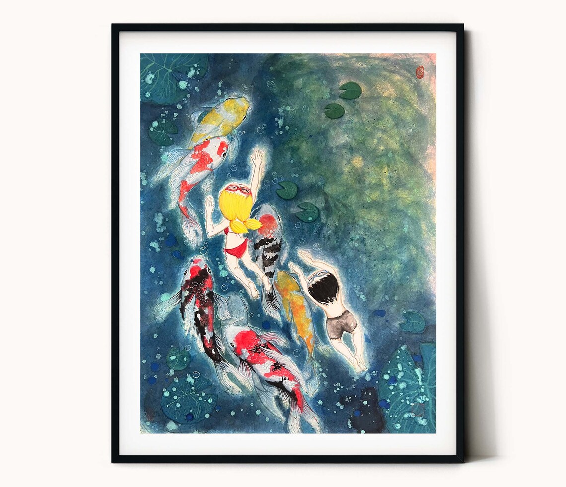 Girl, Boy and Koi Fish Chinese Ink Art Print