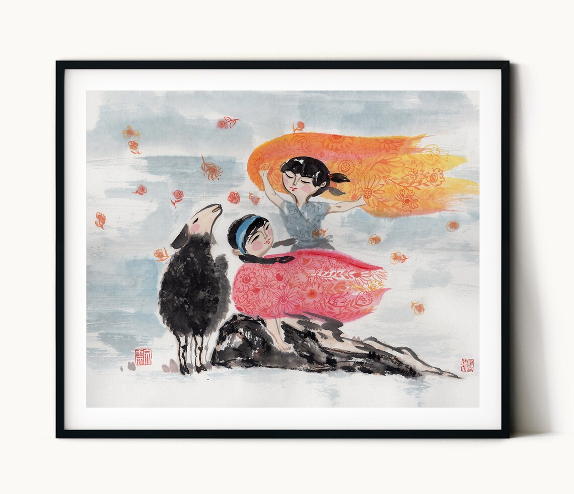 Two Girls With Black Sheep Autumn Ink Wash Happy Kids Poster - Image 3