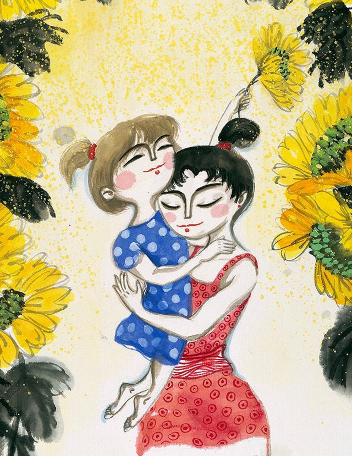 Mom and Daughter Sun Flowers, Chinese Painting Art Print - Image 3