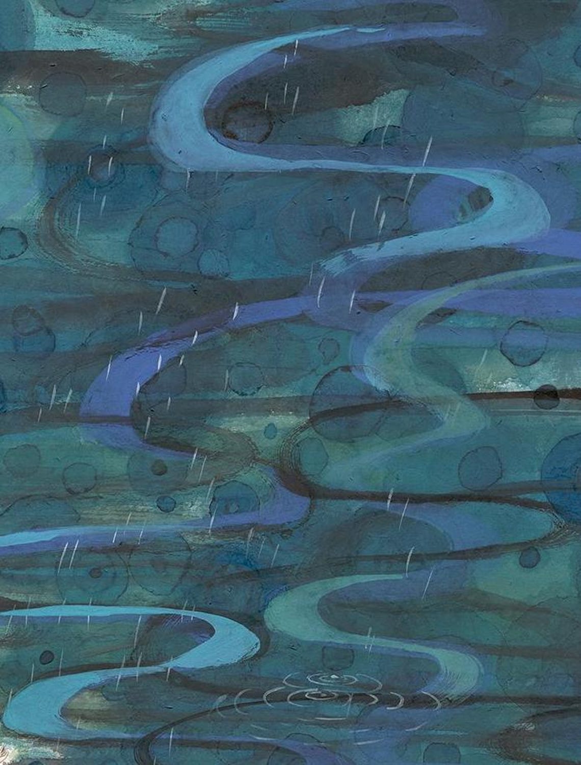 Girl With Red Umbrella Boat Rainy River Art Calm Night Poster - Image 3