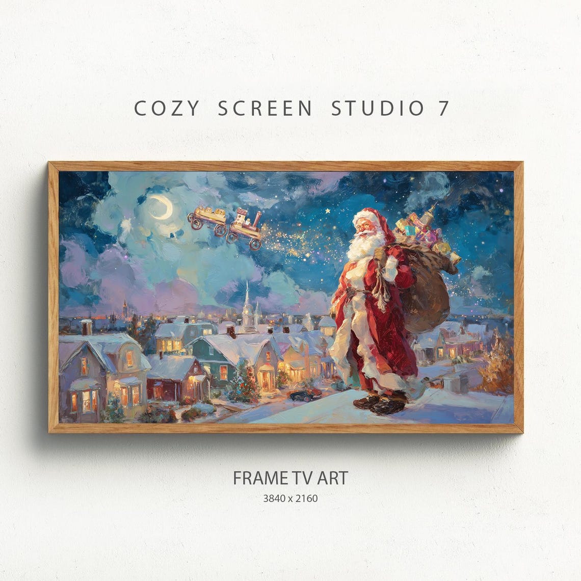 Magical Santa Claus Frame Tv Art Christmas Eve Over Town Painting