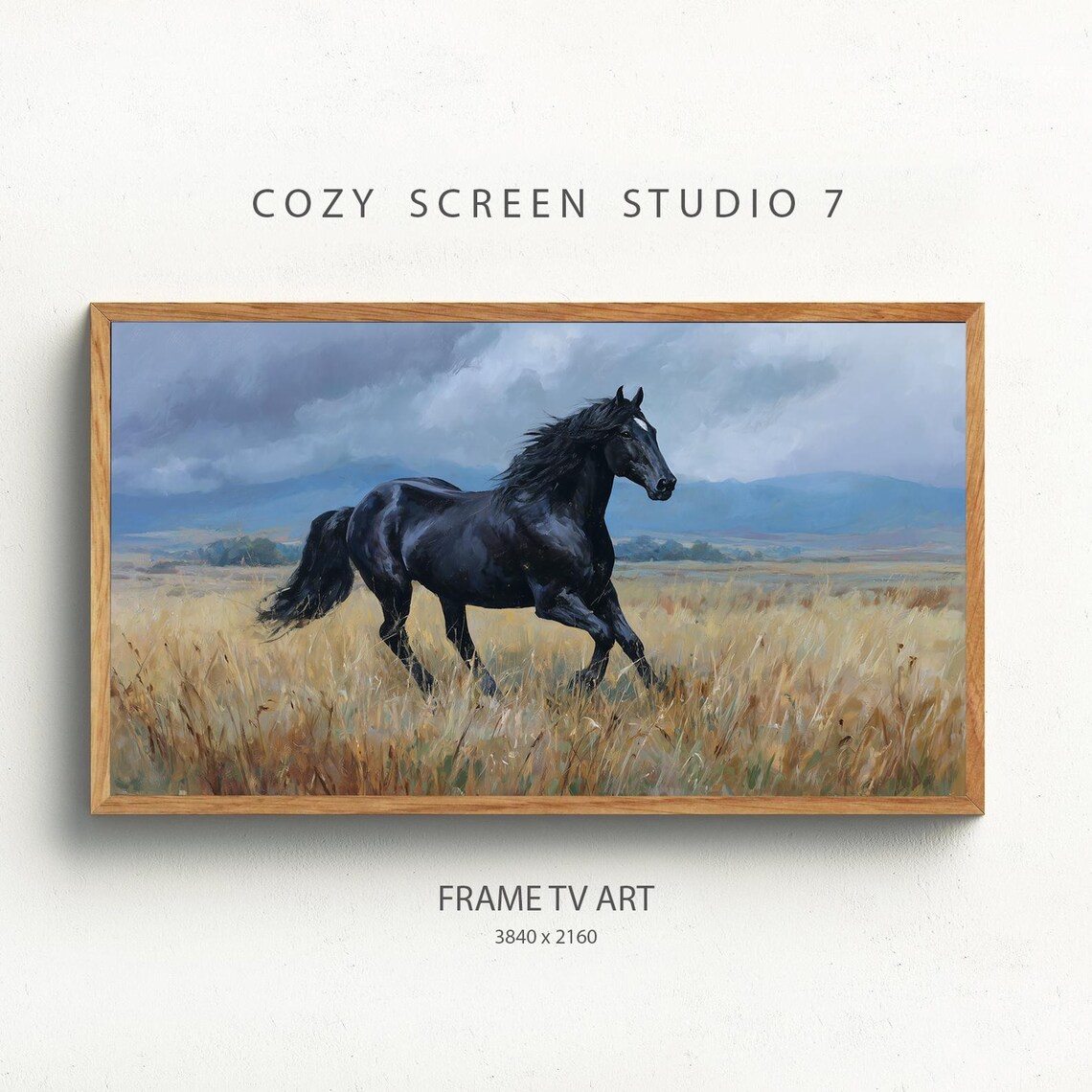 Black Stallion Galloping Golden Grassland Horse Oil Painting Poster