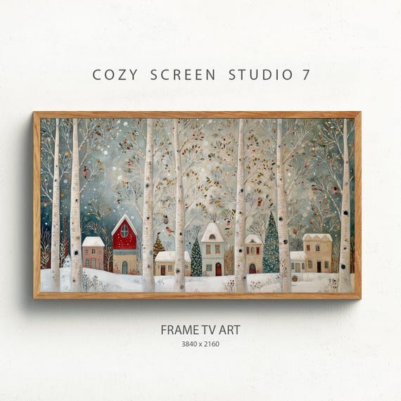 Birch Tree Winter Village Samsung Frame Tv Art