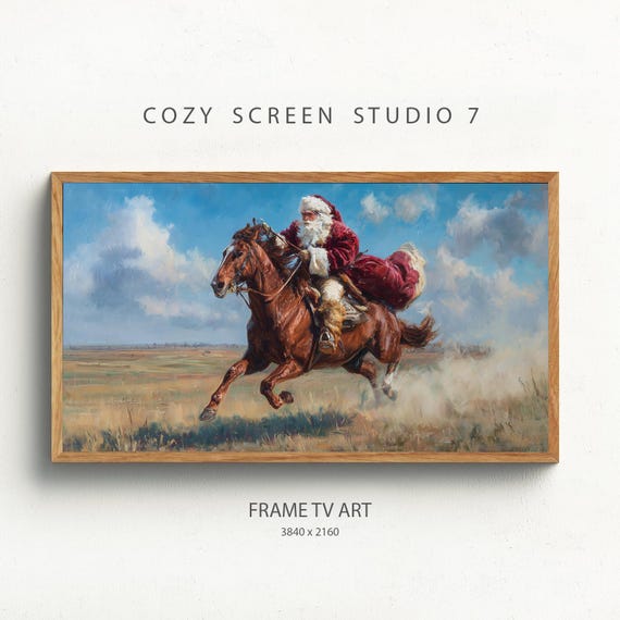 Cowboy Santa Frame Tv Art Riding On Horseback Painting
