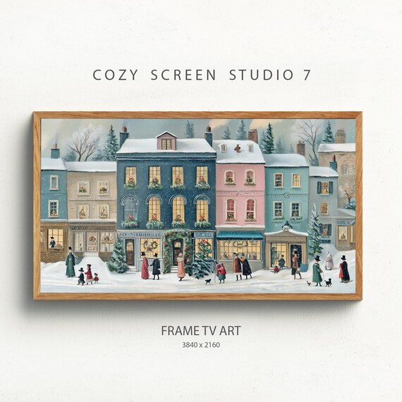 Snowy Christmas Village Street Colorful Houses Frame TV Art Poster