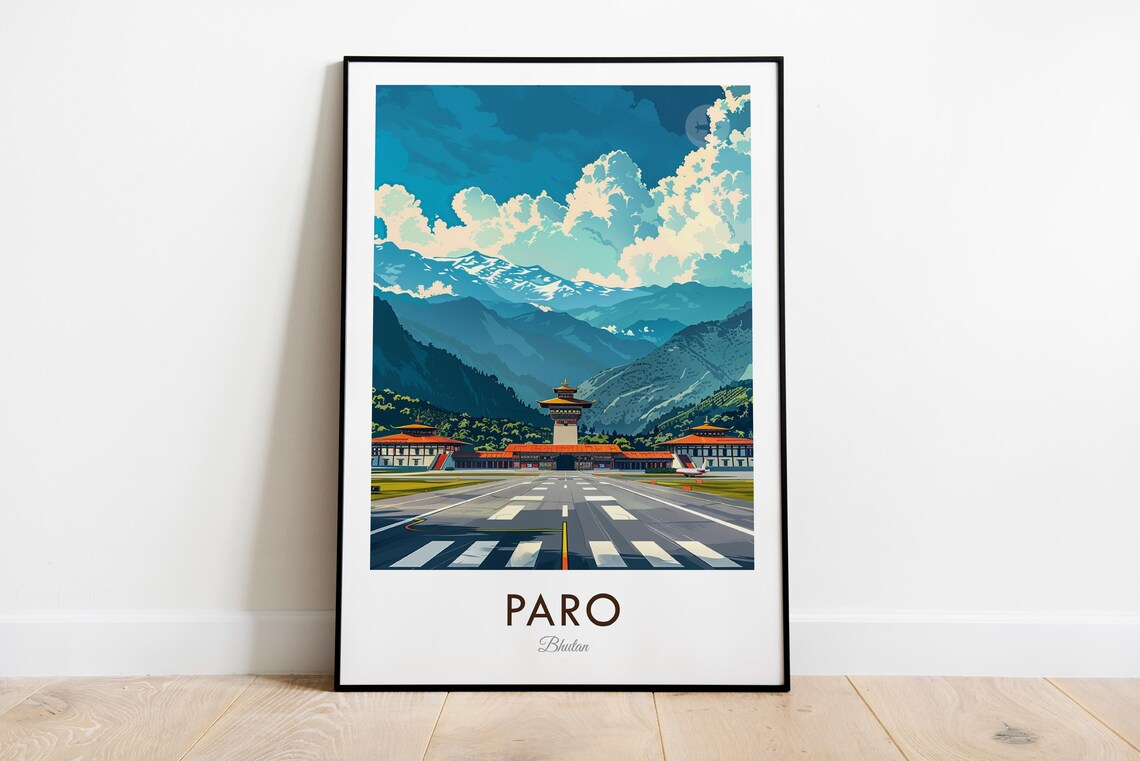 Paro Bhutan Vintage Airport Terminal Himalaya Mountains Travel Poster