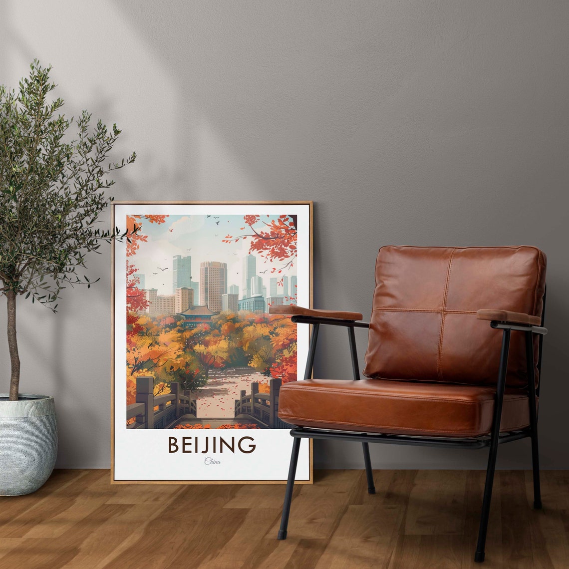 Beijing China Autumn Park Stone Bridge Skyscrapers View Poster
