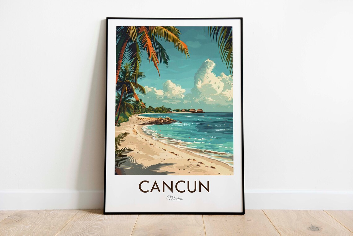 Cancun Mexico Quiet Palm Beach Curving Shoreline Calm Sea Travel Poster