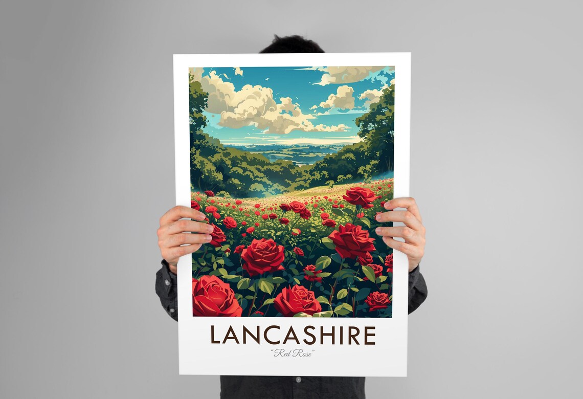 Lancashire England Red Rose Field Hills Vintage Style Travel Poster - Image 2