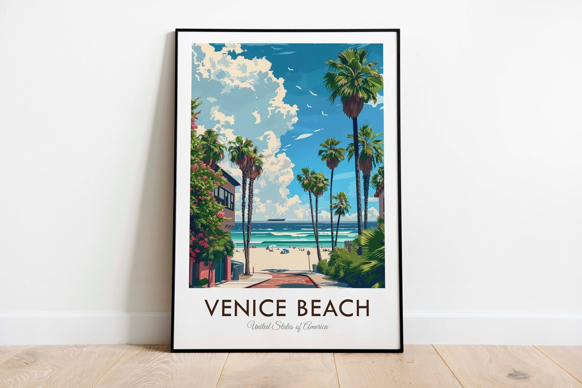 Venice Beach California Palm Lined Street To The Ocean Travel Poster