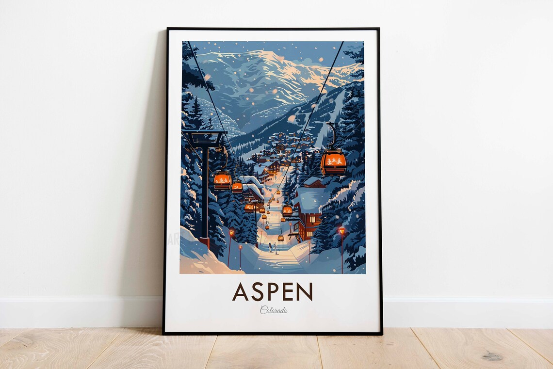 Aspen Colorado Gondola Lift Snowy Village Evening Lights Poster - Image 3