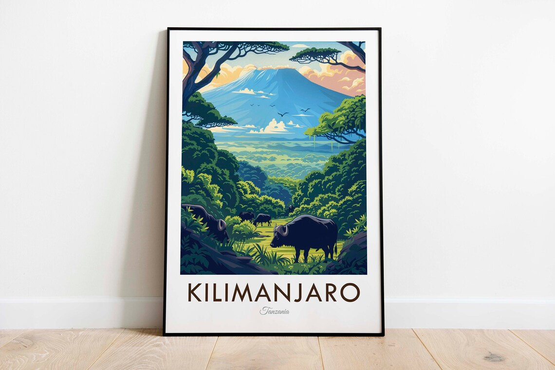 Kilimanjaro Tanzania Peak Above Acacia Forest Buffalo Scene Travel Poster