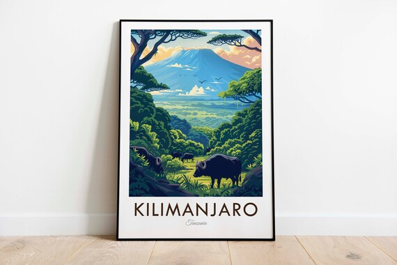 Kilimanjaro Tanzania Peak Above Acacia Forest Buffalo Scene Travel Poster