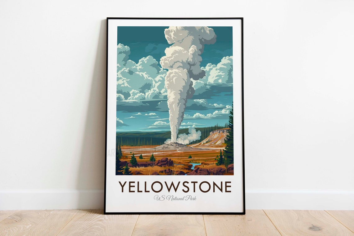 Yellowstone National Park Geyser Eruption Retro Illustration Poster - Image 3