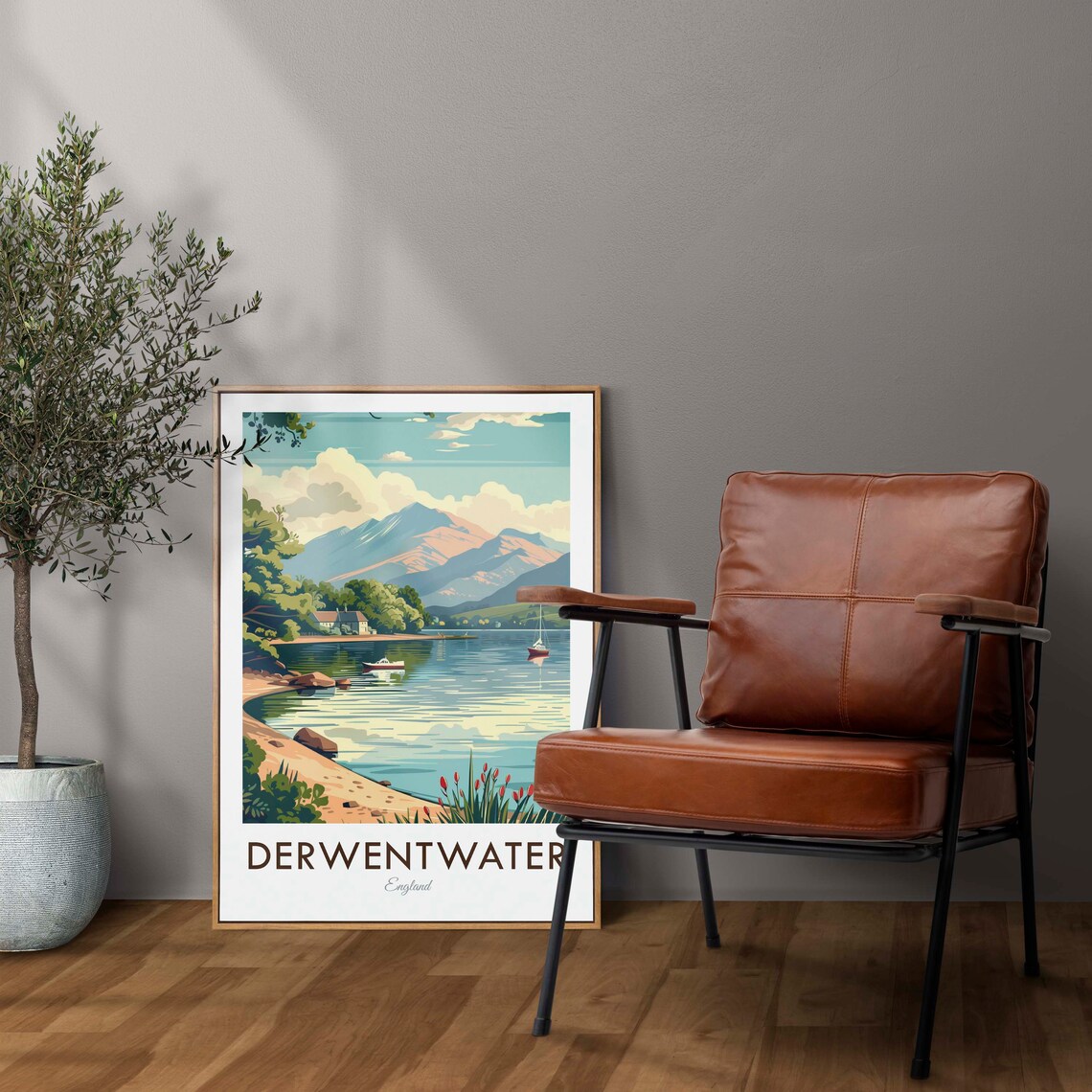 Derwentwater Lake District Lakeshore Boats Mountain View Travel Poster - Image 2